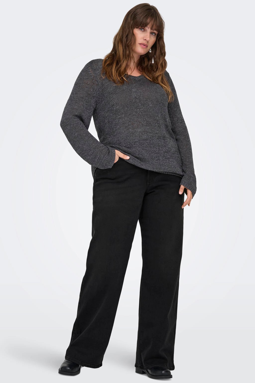 Zwarte dames ONLY CARMAKOMA wide leg jeans van denim met rits- en knoopsluiting en effen
