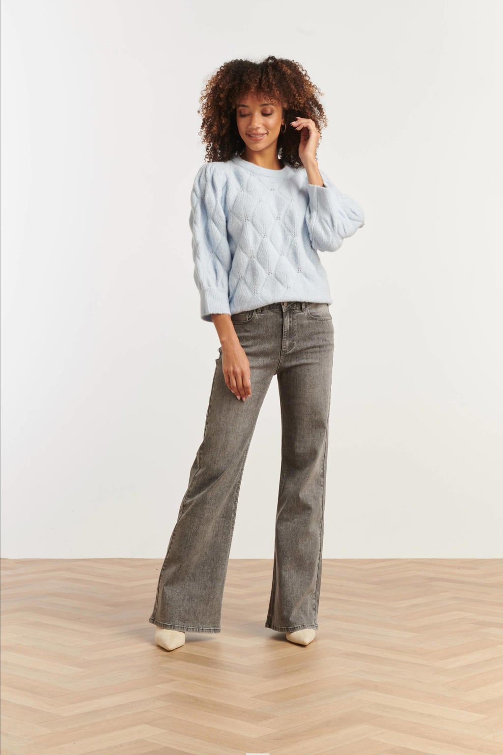 Grey denim dames Smashed Lemon flared jeans van denim met regular waist, rits- en knoopsluiting en effen