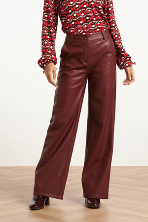 imitatieleren wide leg regular waist broek donkerrood