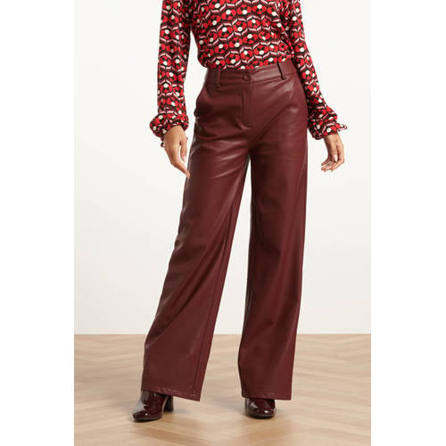 Smashed Lemon imitatieleren wide leg regular waist broek donkerrood afbeelding