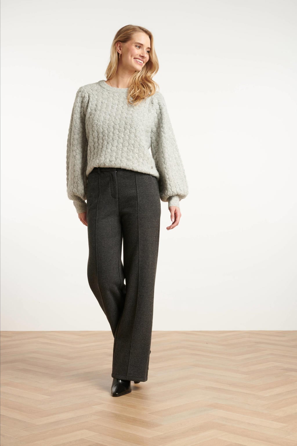 Grijze dames Smashed Lemon trui van polyester met effen, lange mouwen, ronde hals en geribde boorden