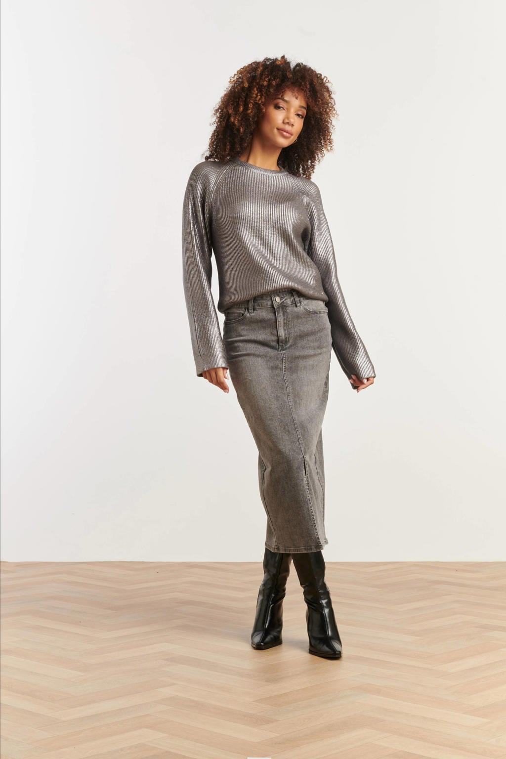 Zilverkleurige dames Smashed Lemon gebreide trui van viscose met effen, lange mouwen, ronde hals en glimmend detail