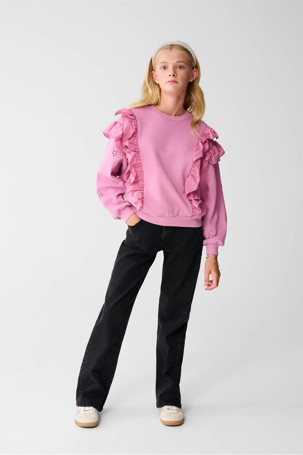 Zwarte meisjes Shoeby straight leg jeans black van katoen met rits- en knoopsluiting en hartjesprint