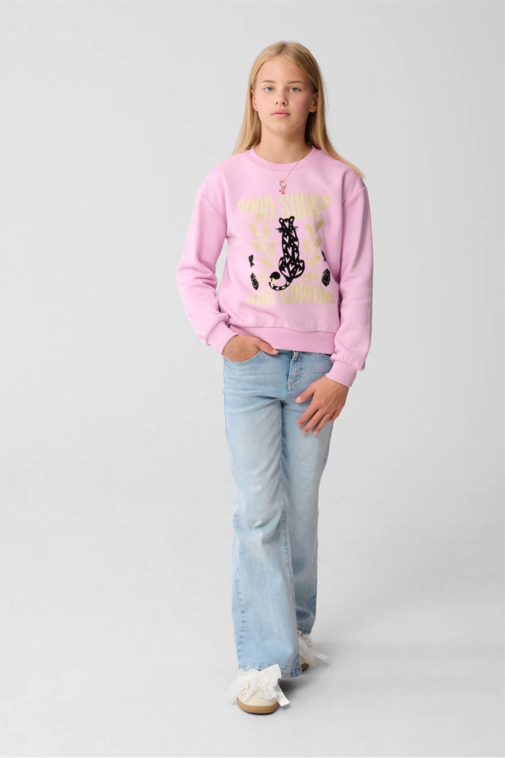 Blauwe meisjes Shoeby high waist flared jeans van katoen met rits- en knoopsluiting en effen