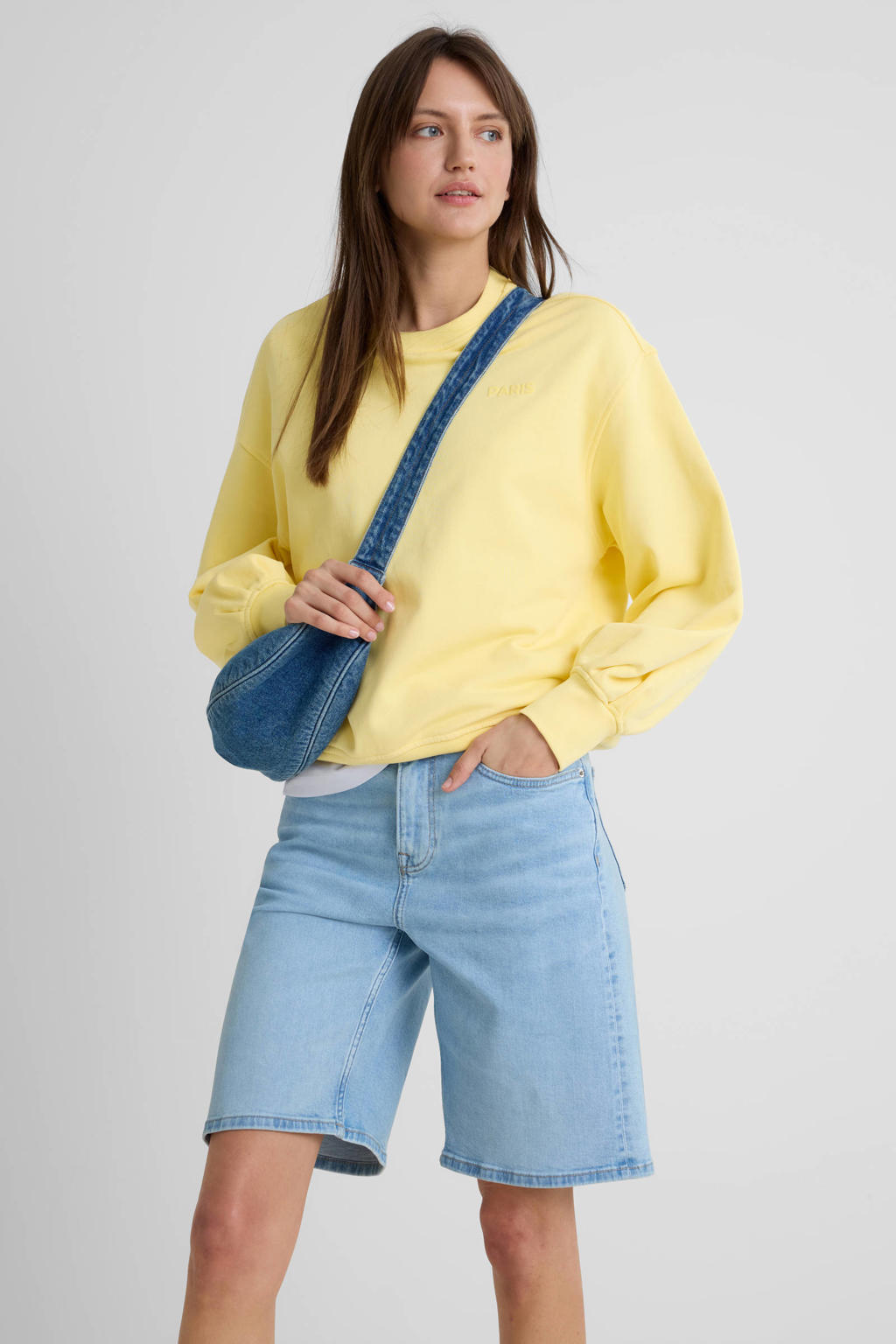Light blue denim dames Anytime relaxed long short van denim met regular waist en effen