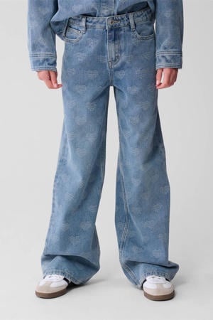 wide leg high waist wide leg jeans met hartjes medium blue denim