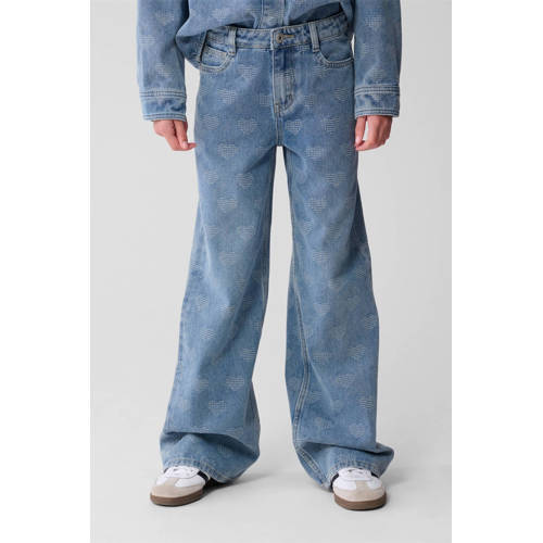 Shoeby wide leg high waist wide leg jeans met hartjes medium blue denim afbeelding