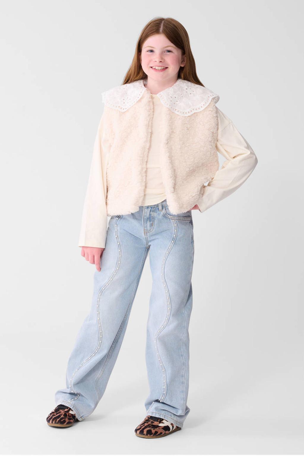 Ecru meisjes Shoeby teddy gilet van polyester met effen, ronde hals en knoopsluiting