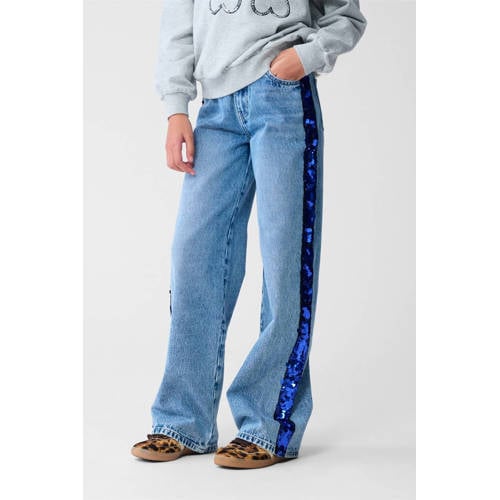 Shoeby high waist wide leg jeans met pailletten light blue denim afbeelding