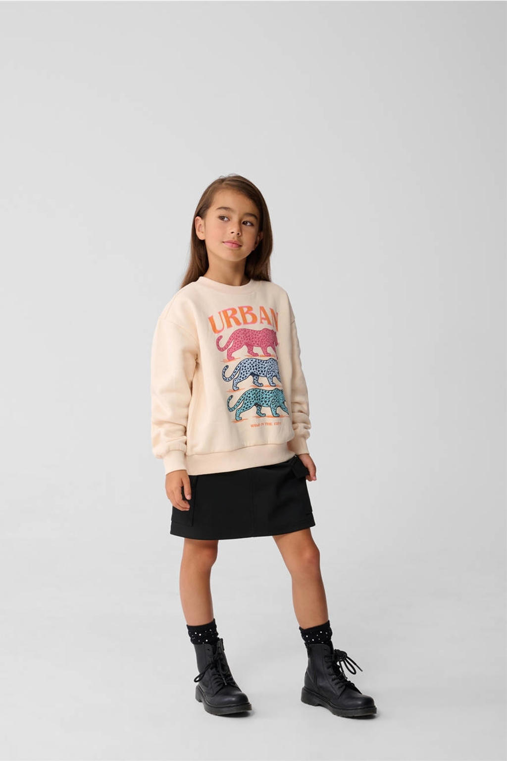 Beige meisjes Shoeby sweater met printopdruk, lange mouwen, ronde hals en geribde boorden