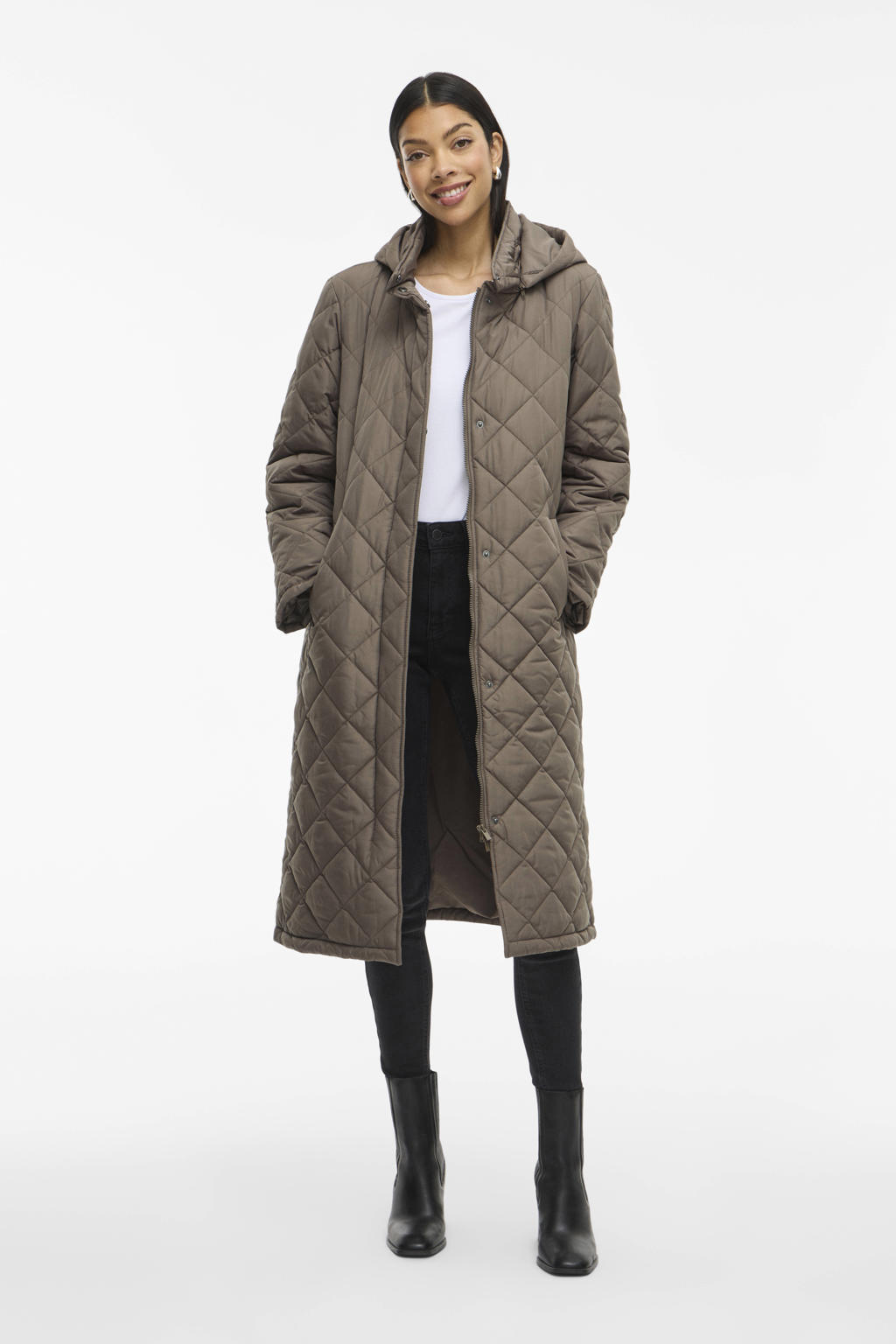 Grijsbruine dames VILA gewatteerde jas quilted bruin van polyester met effen, lange mouwen, capuchon, ritssluiting en ceintuur