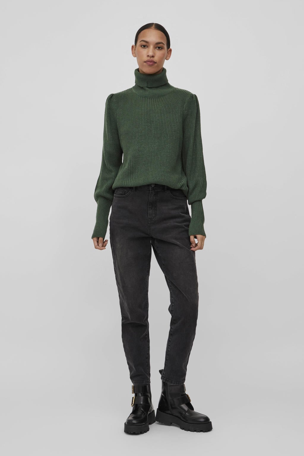 Groene dames VILA coltrui gebreid van acryl met effen en lange mouwen
