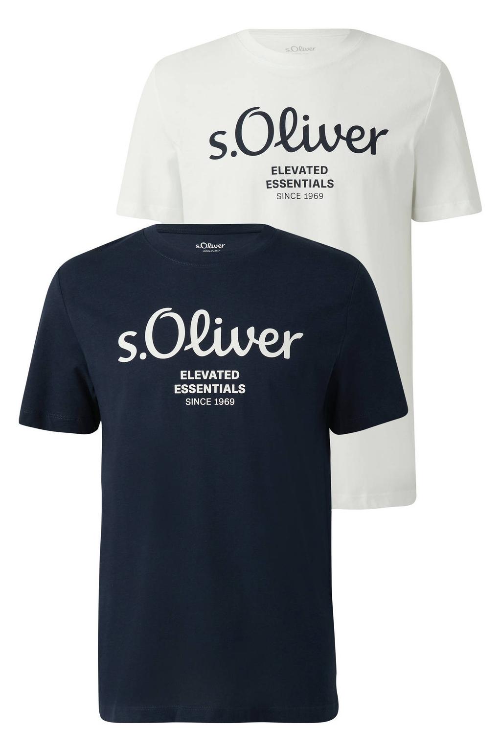 Set van 2 multi, wit en donkerblauwe heren s.Oliver regular T-shirt van katoen met printopdruk, korte mouwen en ronde hals