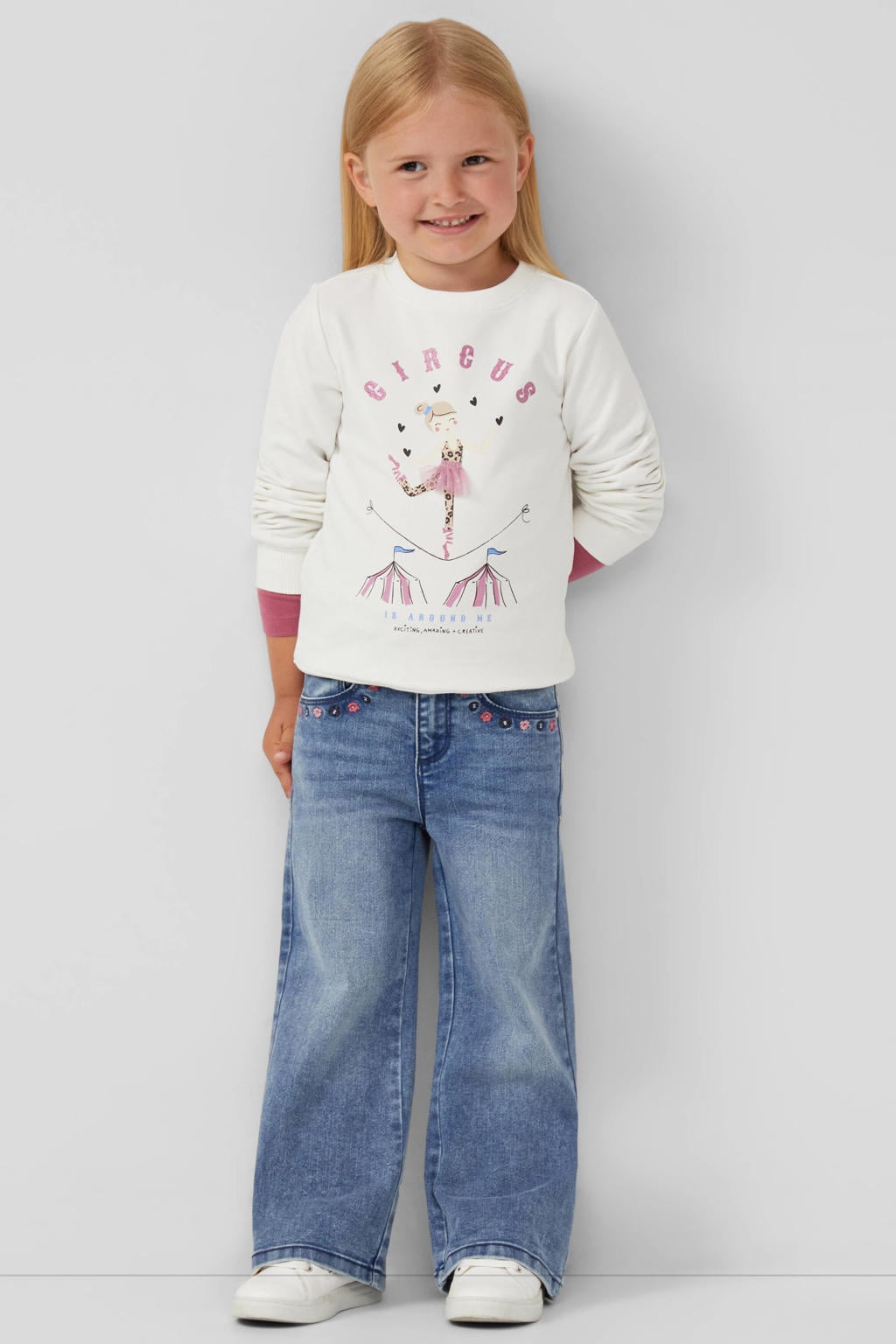 Witte meisjes s.Oliver sweater met printopdruk, lange mouwen en ronde hals