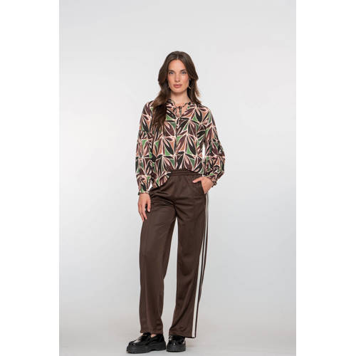 Geisha wide leg regular waist gestreepte casual broek donkerbruin afbeelding