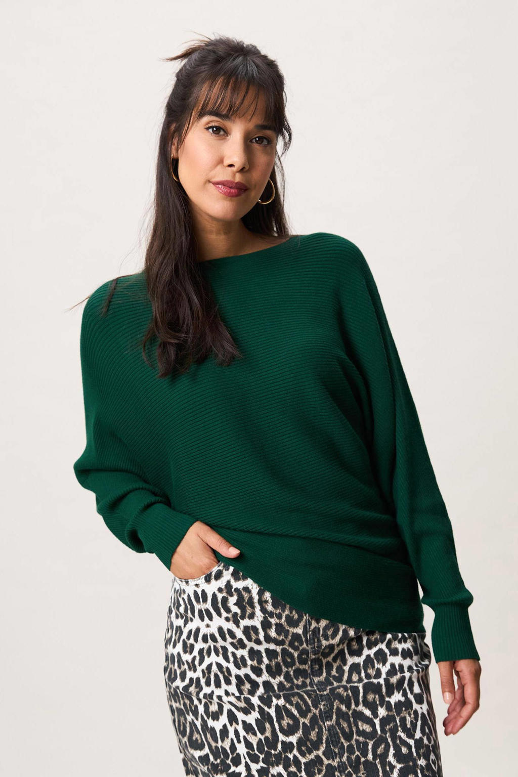 Groene dames Miss Etam trui rib gebreid van viscose met effen, lange mouwen en ronde hals