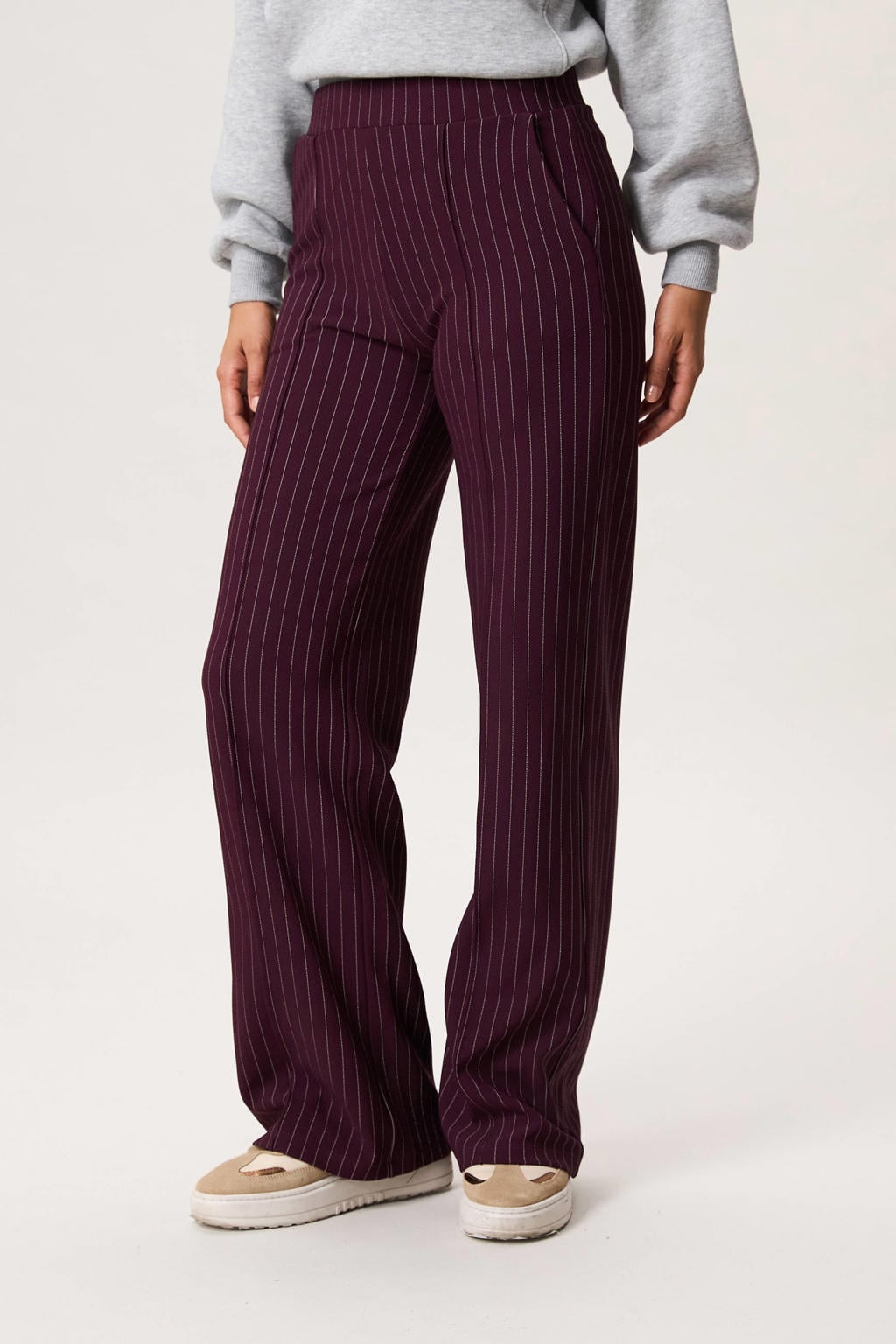 Donkerpaarse dames Miss Etam wide leg high waist pantalon met krijtstreepprint