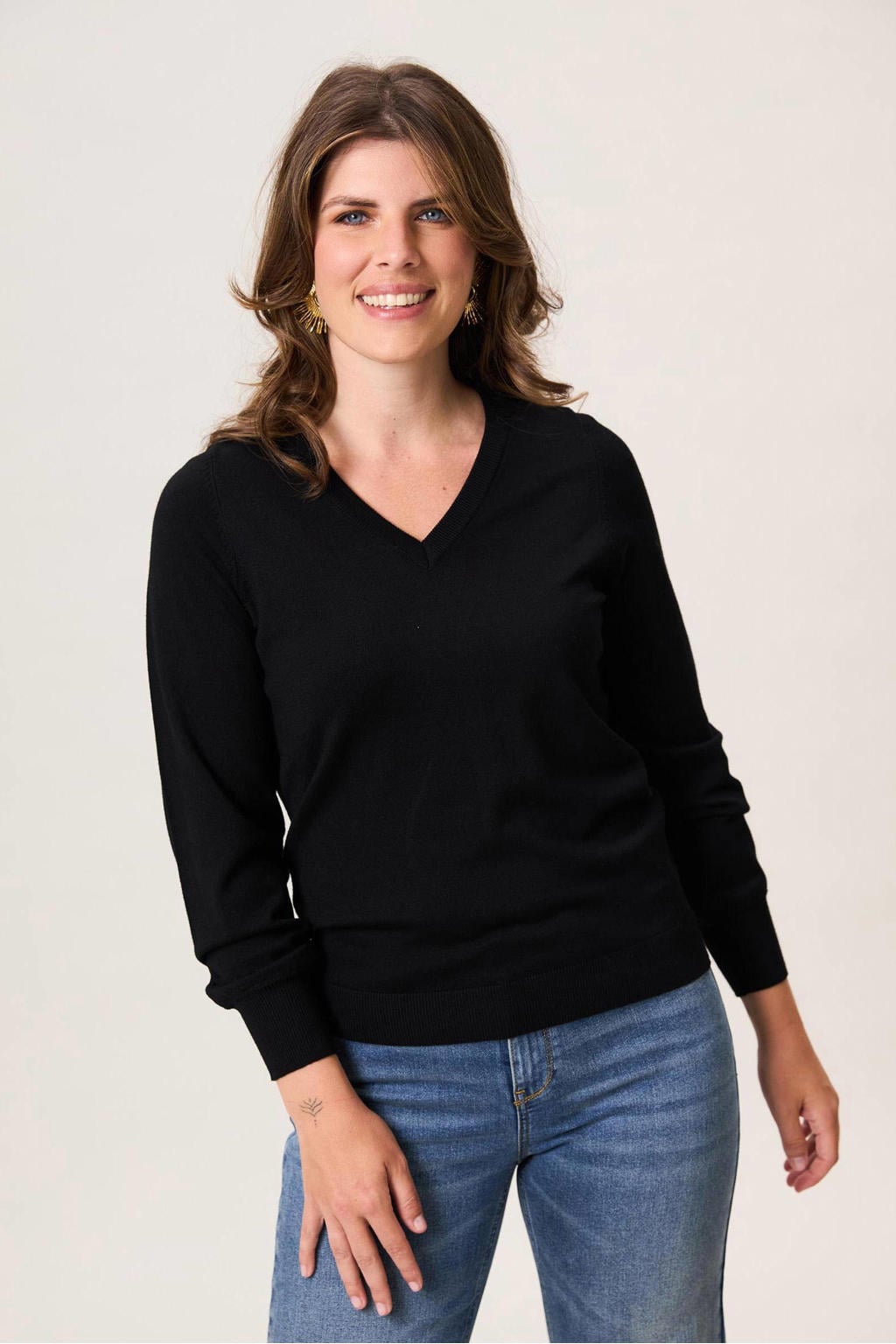 Zwarte dames Miss Etam gebreide trui van viscose met effen, lange mouwen en V-hals