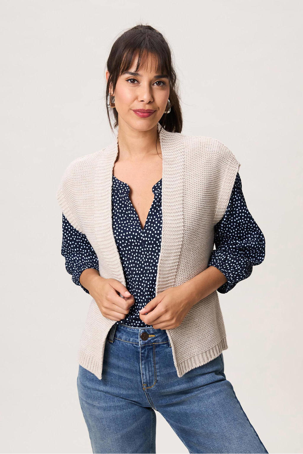 Expresso lang vest met wol taupe gebreid