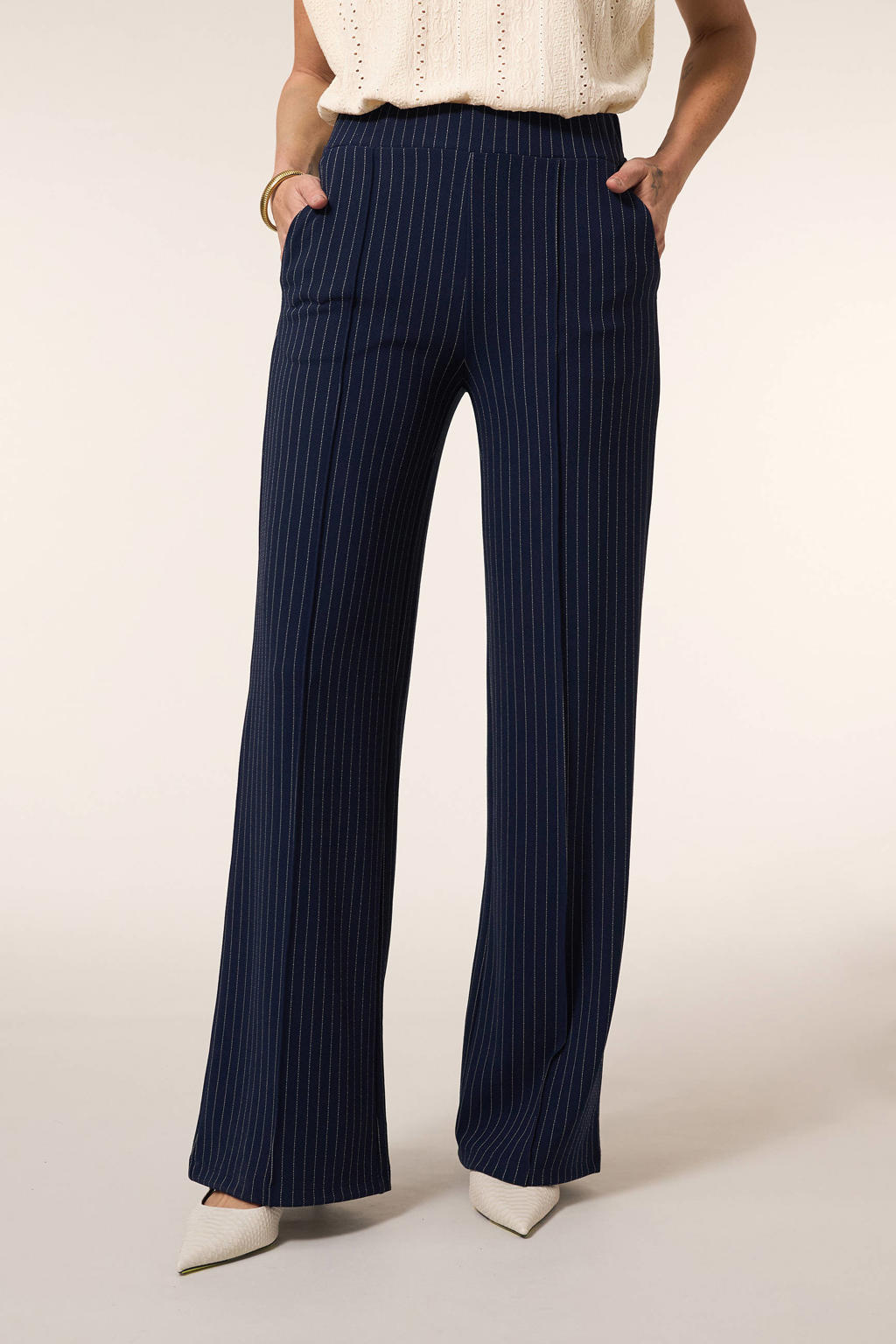 Donkerblauwe dames Miss Etam wide leg high waist pantalon met krijtstreepprint