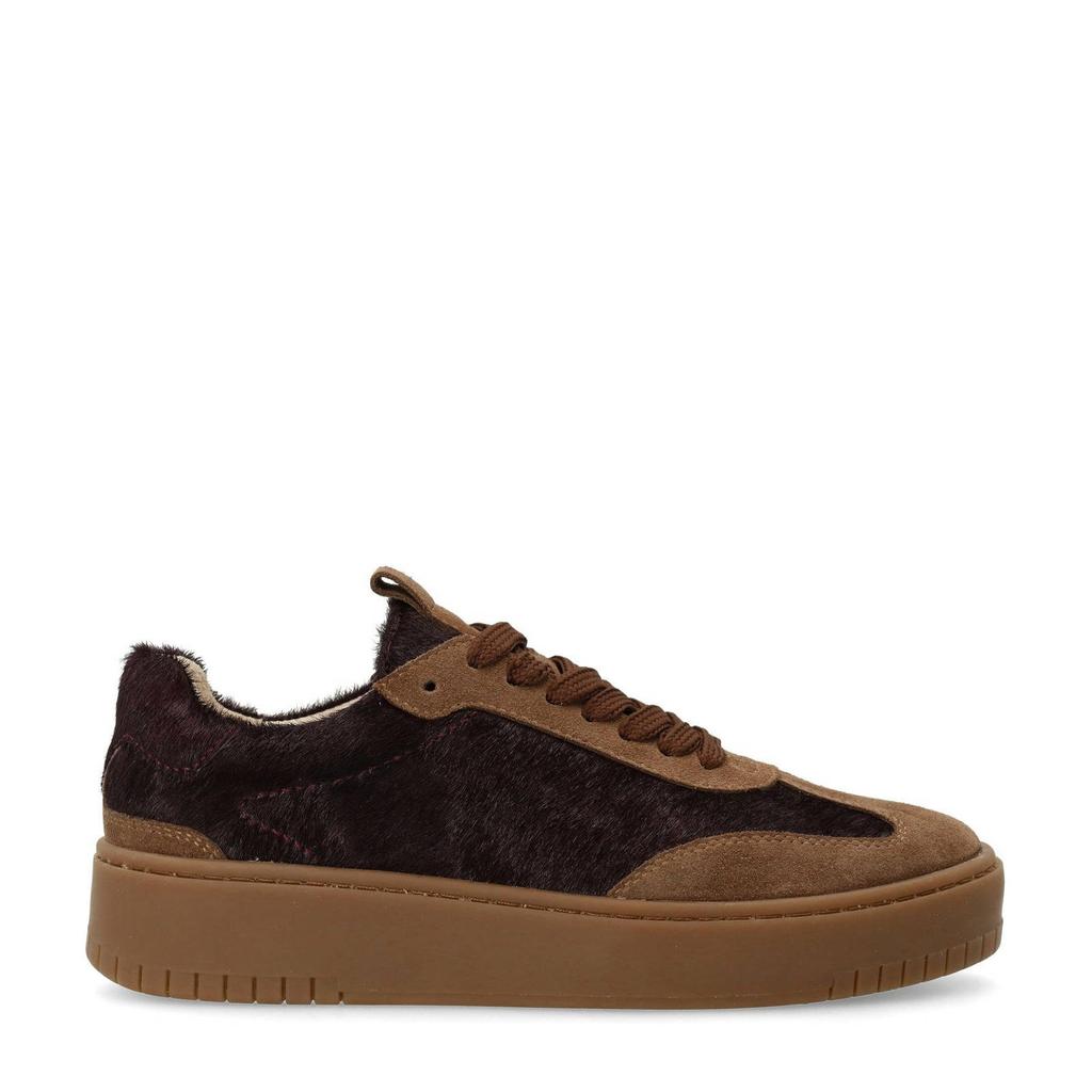 Bordeaux en camelkleurige dames Sacha suède sneakers met ponyhair