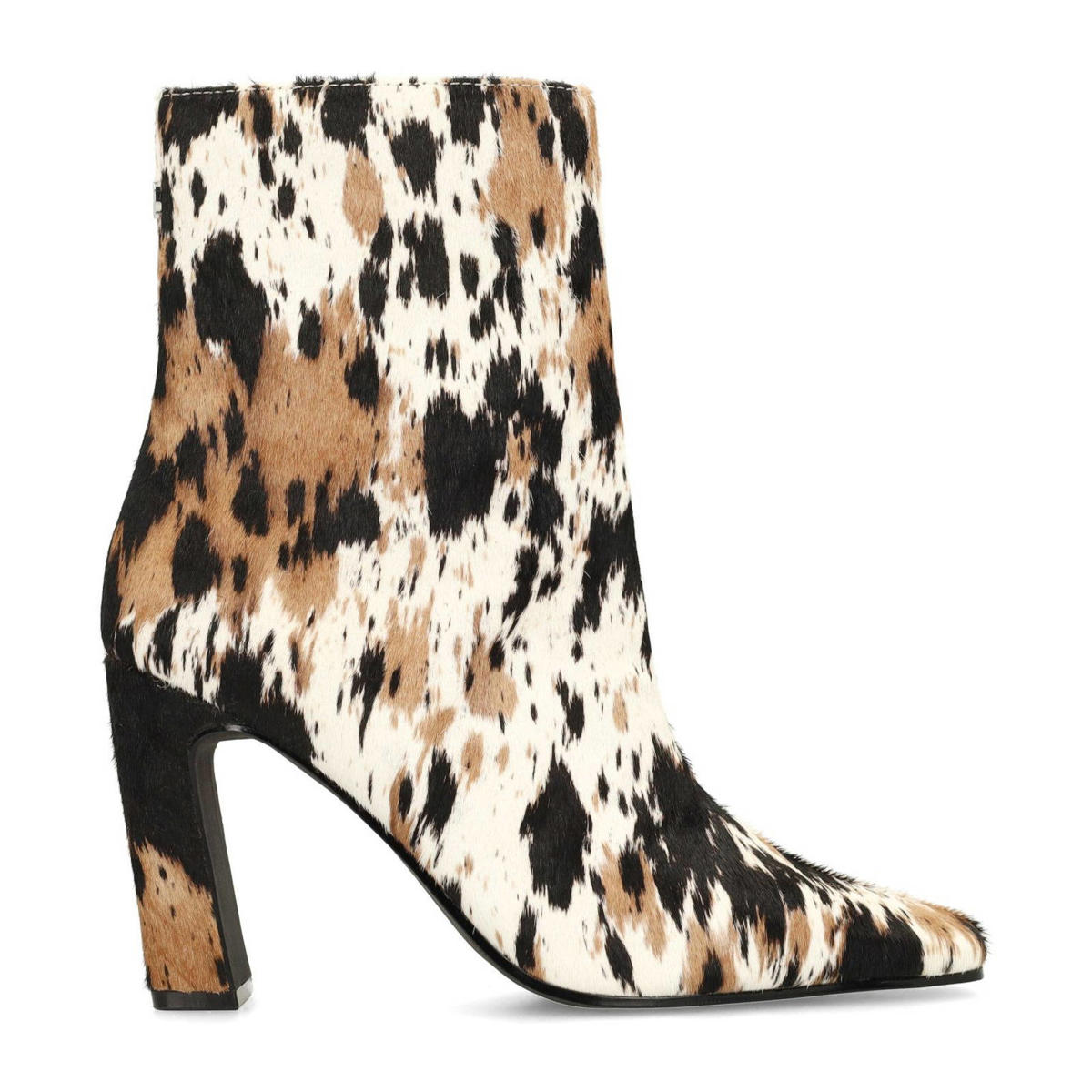 leren enkellaarzen met ponyhair en koeienprint ecru/bruin/zwart