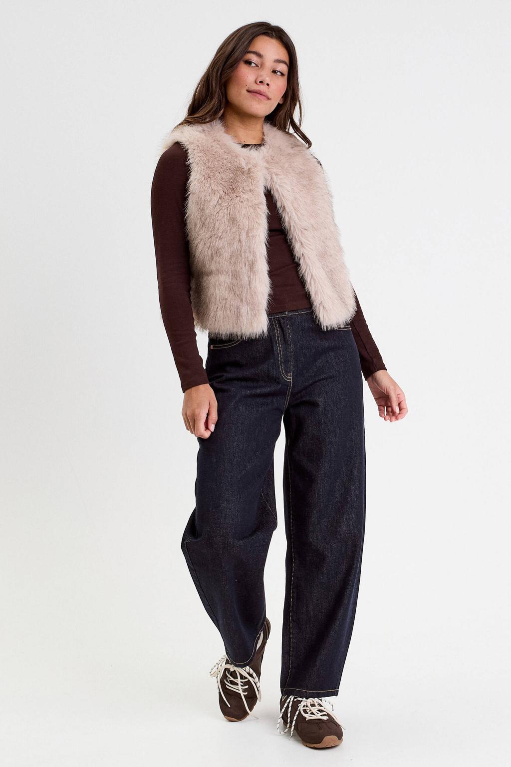 Zandkleurige dames Cache Cache gilet van polyester met effen en ronde hals