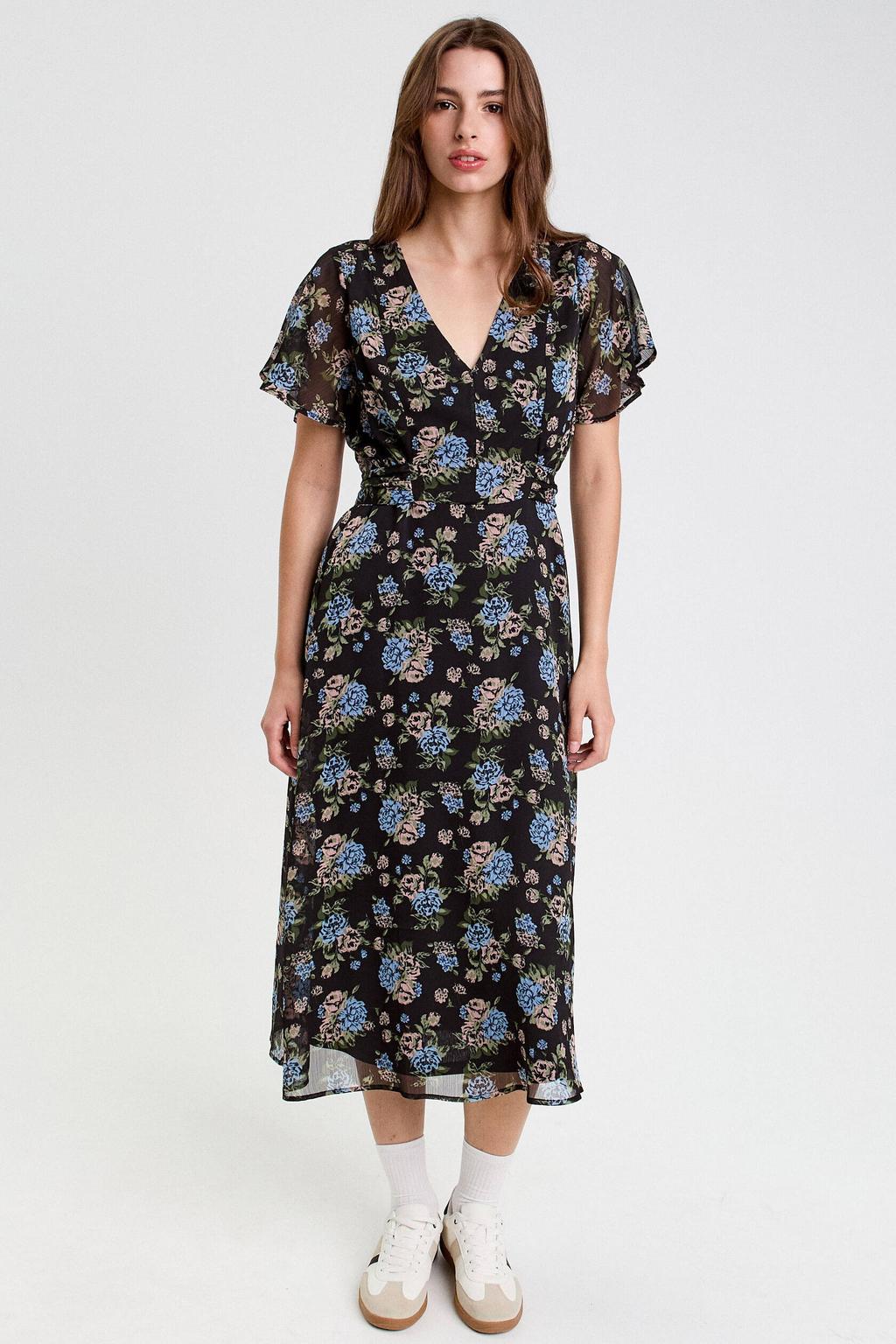 Zwart en lichtblauwe dames Cache Cache midi jurk van polyester met bloemenprint, korte mouwen en V-hals