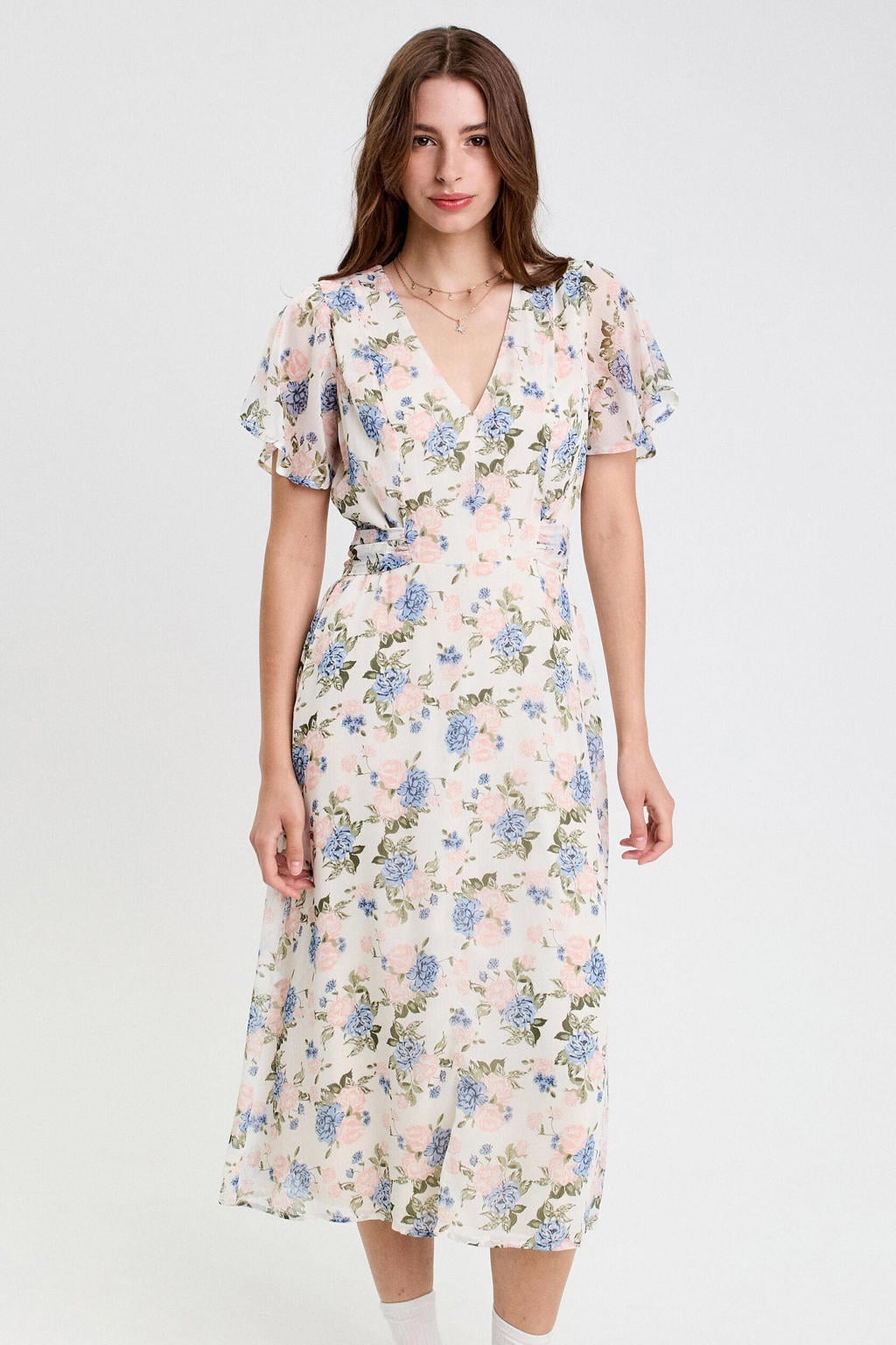 Wit en lichtblauwe dames Cache Cache midi jurk van polyester met bloemenprint, korte mouwen en V-hals