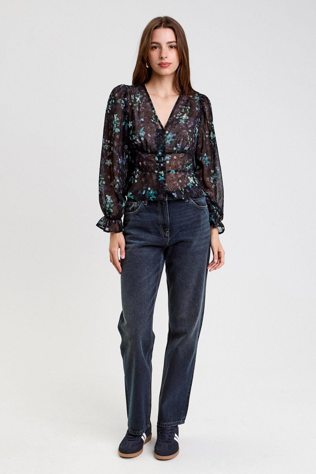 Dark blue denim dames Cache Cache straight leg jeans van denim met rits- en knoopsluiting en effen