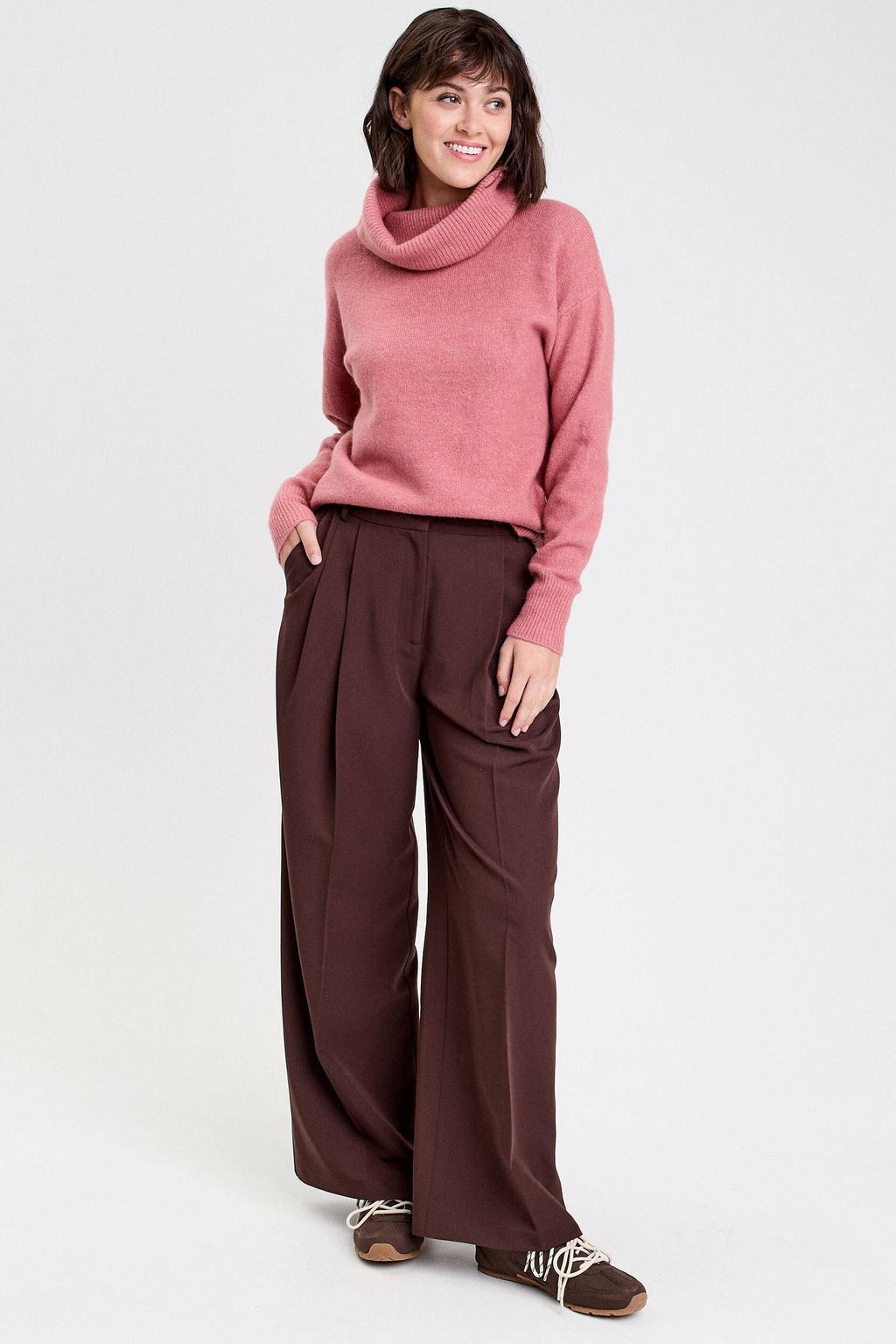 Oudroze dames Cache Cache coltrui grof gebreid van polyester met effen, lange mouwen en opstaande kraag