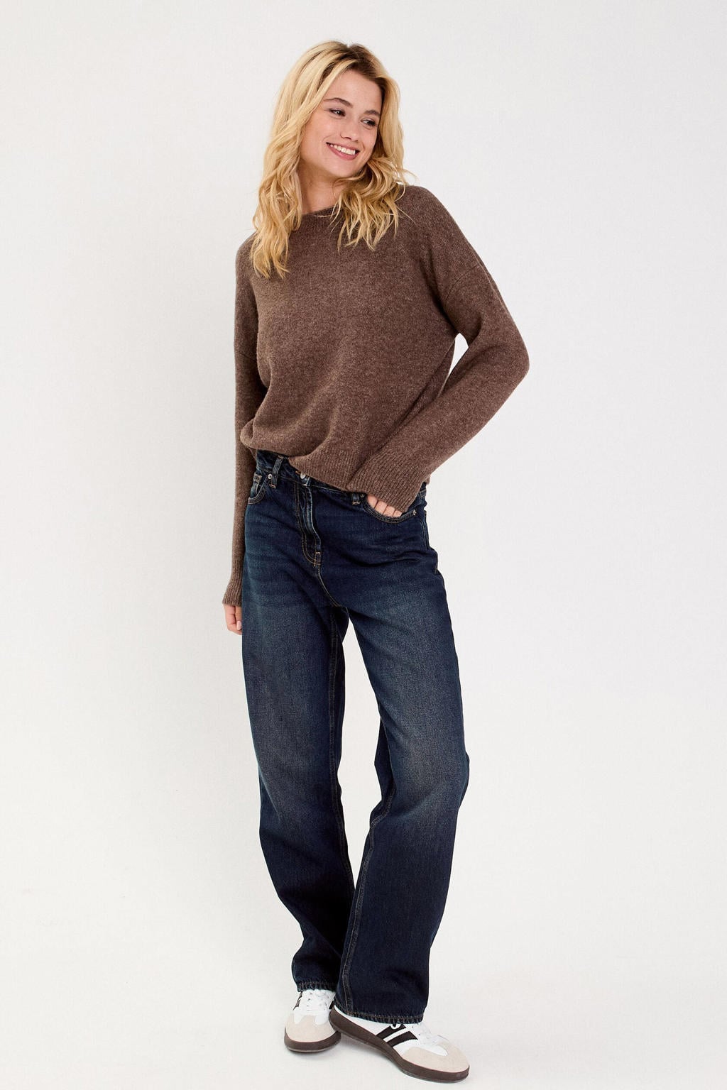Donkerblauwe dames Cache Cache pullover van wol met effen, lange mouwen en ronde hals