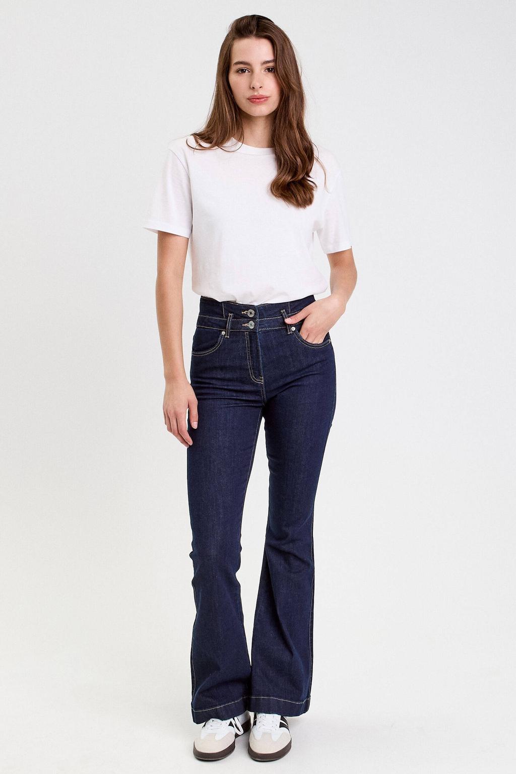 Dark blue denim dames Cache Cache flared jeans dark blue van denim met rits- en knoopsluiting en effen