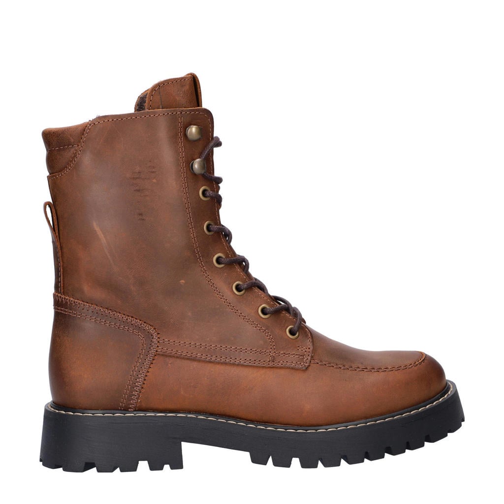 Bruine dames Nelson leren veterboots van gewaxt leer met rits- en vetersluiting