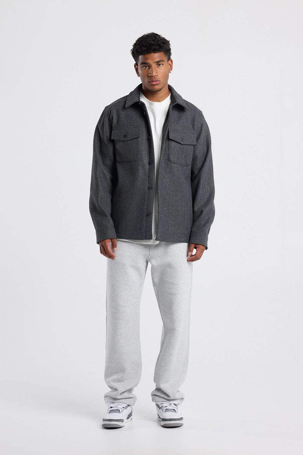Grijze heren America Today overshirt van polyester met effen, lange mouwen, klassieke kraag en knoopsluiting