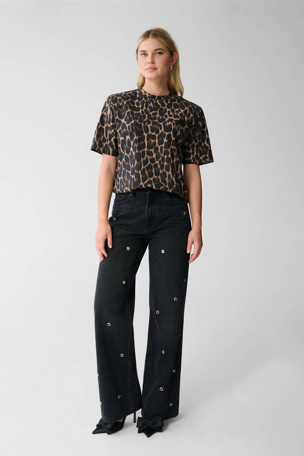 Grijze dames Shoeby high waist straight leg jeans van katoen met rits- en knoopsluiting en effen