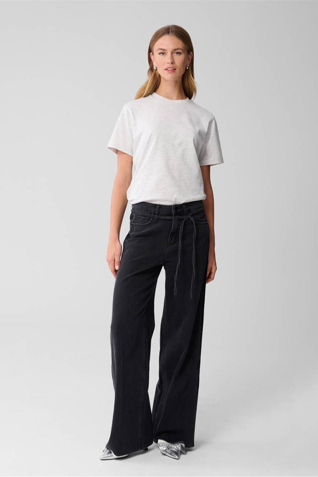 Lichtgrijze dames Shoeby T-shirt melange van katoen met effen, korte mouwen en ronde hals