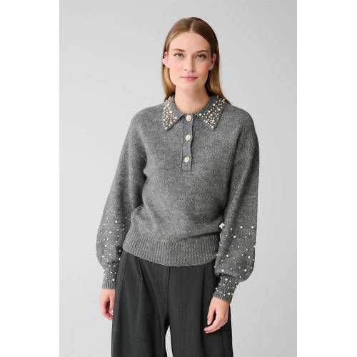 Shoeby pullover met wol grijs melange met parels afbeelding