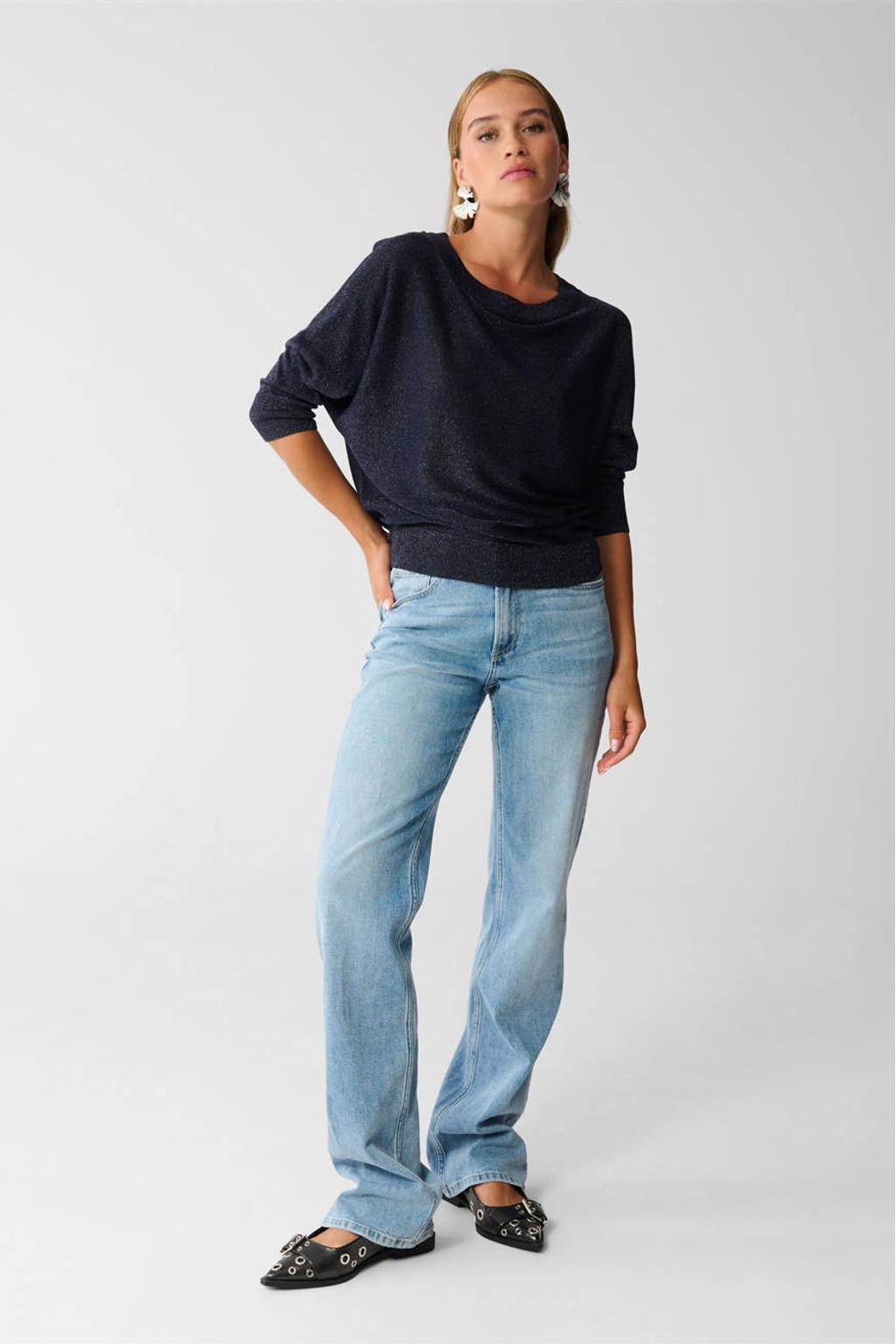 Donkerblauwe dames Shoeby pullover trui van viscose met lange mouwen, boothals en lurex