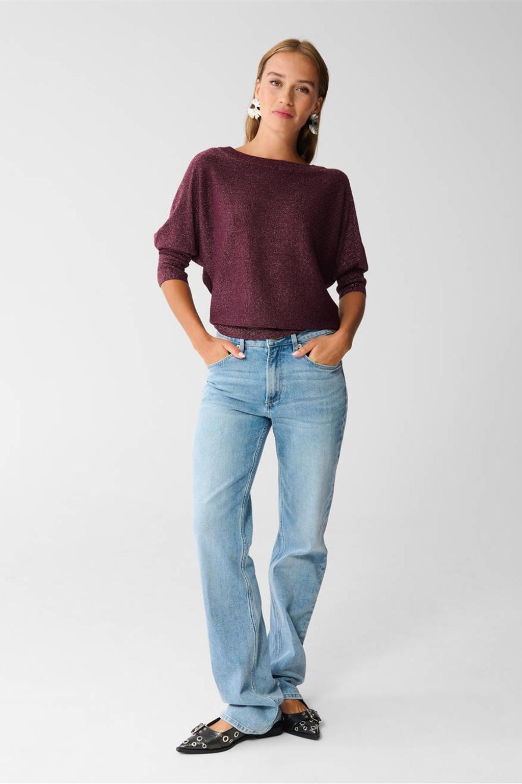 Donkerrode dames Shoeby pullover trui van viscose met driekwart mouwen, boothals en lurex