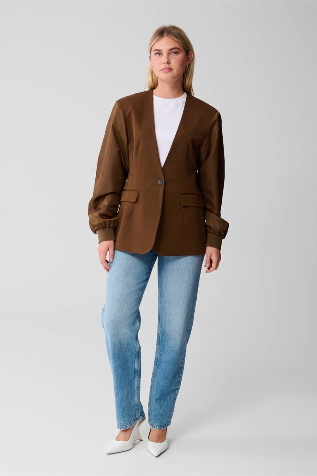Bruine dames Shoeby getailleerde blazer van wol met effen, lange mouwen, reverskraag en knoopsluiting