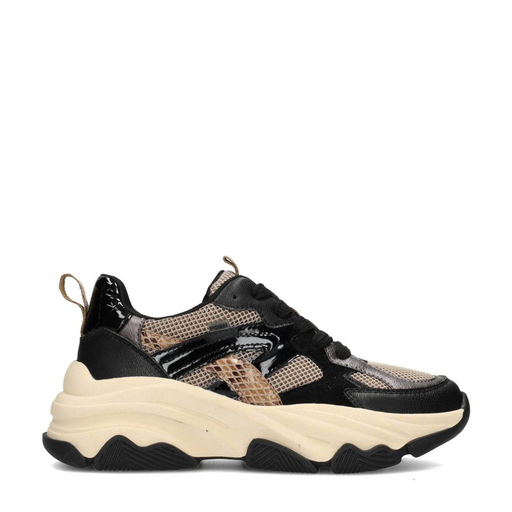 Zwart en beige meisjes POSH by Poelman Gigi chunky sneakers van suède, imitatieleer en textiel met veters