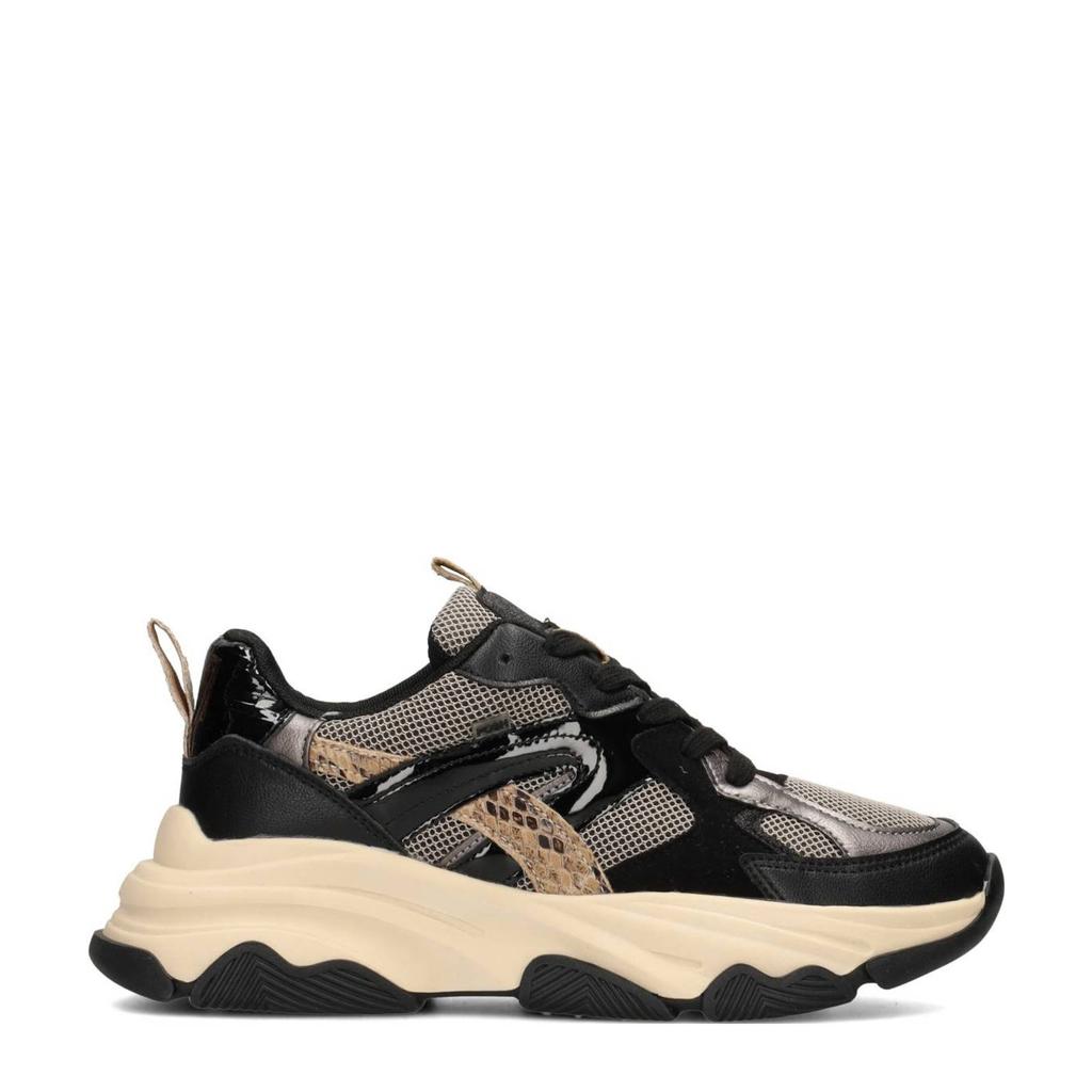 Zwart en beige dames POSH by Poelman Gigi chunky sneakers van imitatieleer en textiel met veters