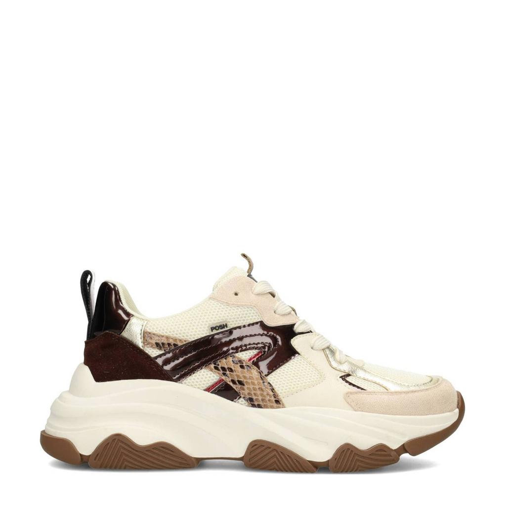 Bruin en ecru dames POSH by Poelman Gigi chunky sneakers van imitatieleer en textiel met veters