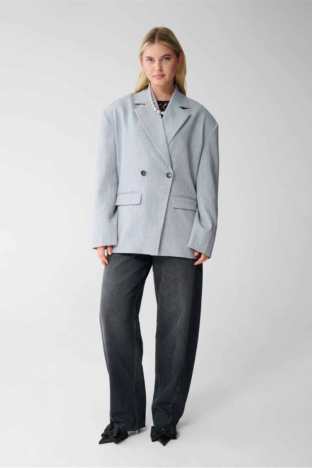 Grijze dames Shoeby oversized blazer van polyester met effen, lange mouwen, reverskraag, knoopsluiting en schoudervulling