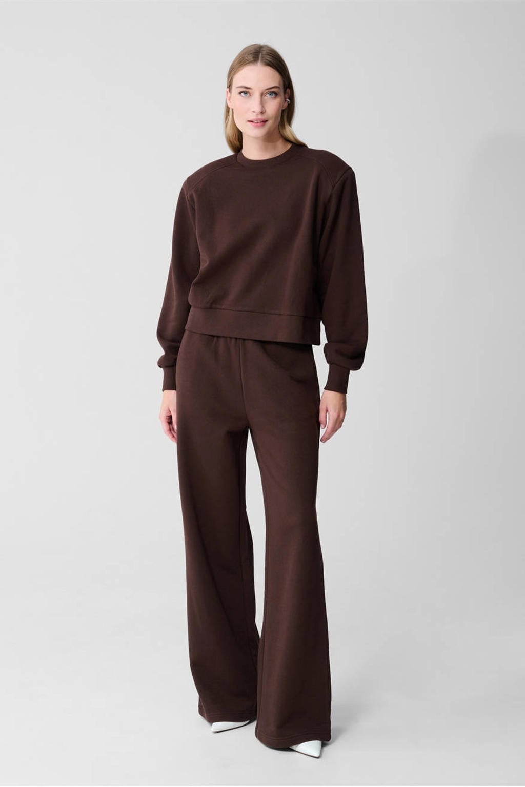 Bruine dames Shoeby wide leg high waist sweatpants van katoen met effen