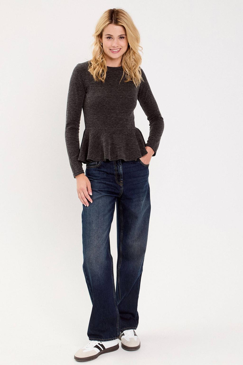 Antraciete dames Cache Cache peplum top van polyester met effen, lange mouwen en ronde hals