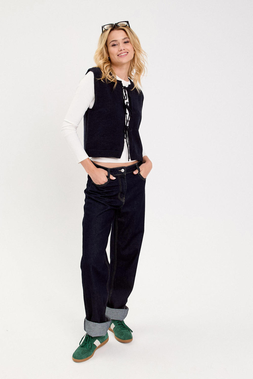 Marineblauw dames Cache Cache gilet blauw van viscose met effen, ronde hals en striksluiting