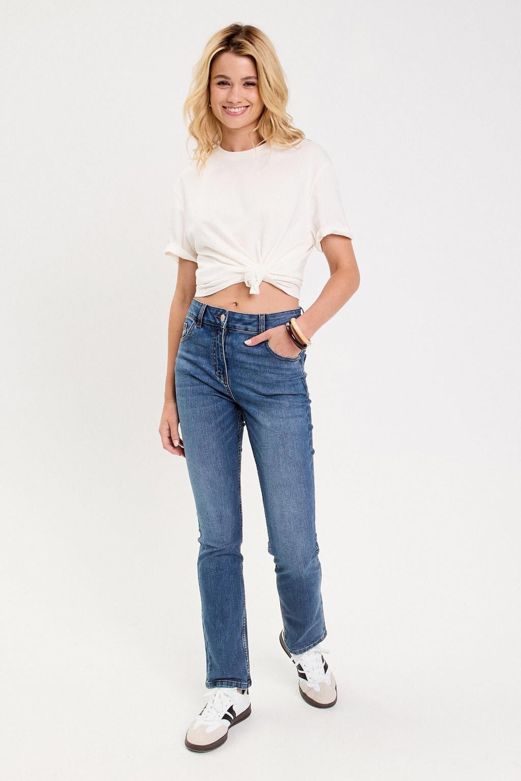Medium blue denim dames Cache Cache straight leg jeans van denim met rits- en knoopsluiting en effen