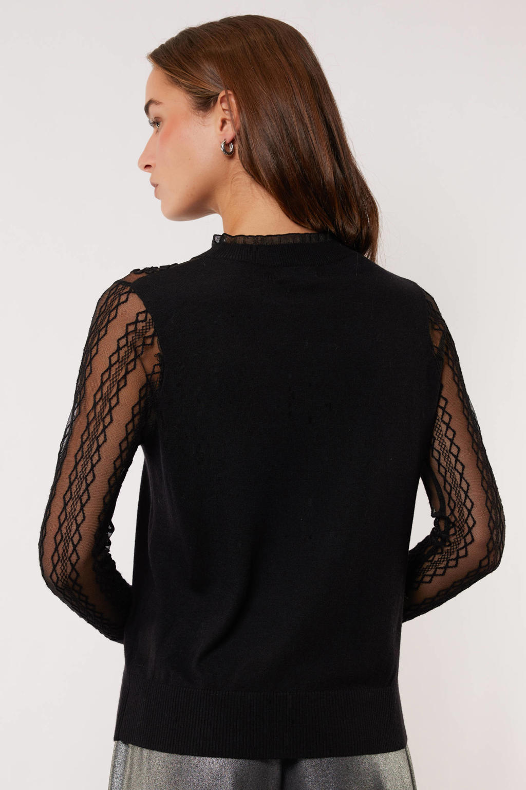 Zwarte dames G-maxx top van polyester met effen, lange mouwen, col en kant
